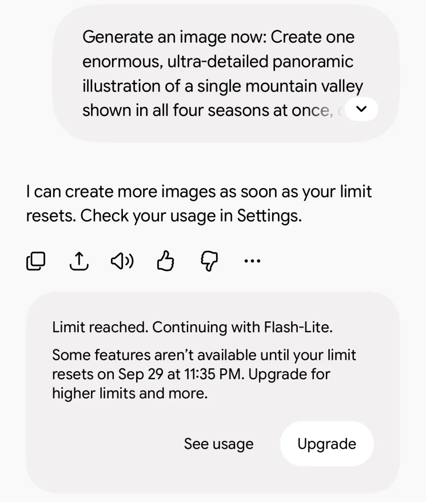 Gemini reply: I can create more images as soon as your limit resets. Check your usage in Settings. Card: Limit reached. Continuing with Flash-Lite.