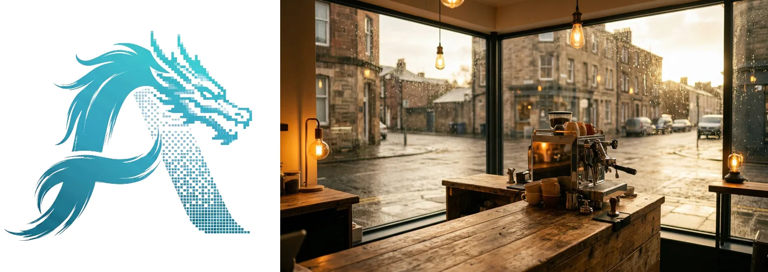 The two references: the Azurade logo dragon, half brush strokes and half pixels, and a photo of an empty coffee shop on a rainy street
