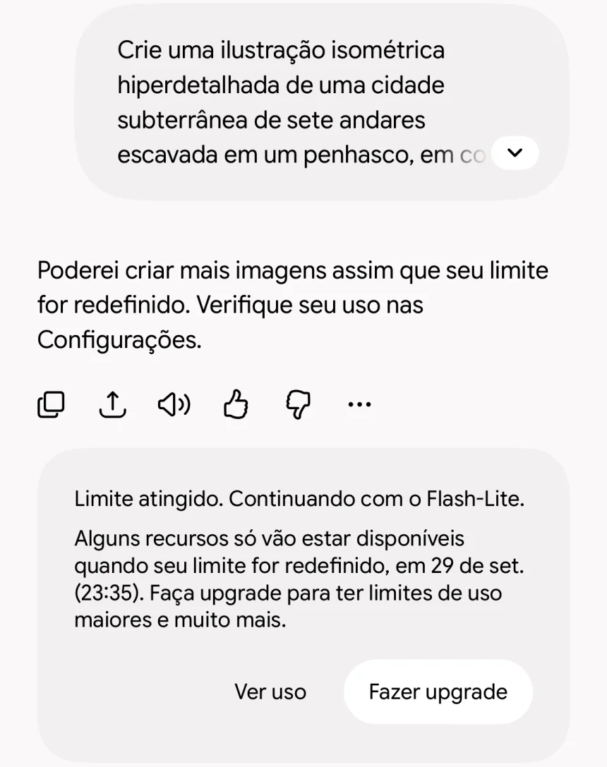 Resposta do Gemini: Poderei criar mais imagens assim que seu limite for redefinido. Verifique seu uso nas Configurações. Aviso: Limite atingido. Continuando com o Flash-Lite.