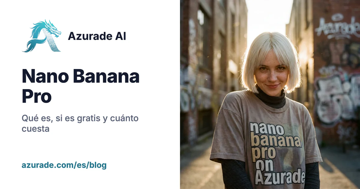 Nano Banana Pro: qué es, si es gratis y cuánto cuesta, junto a una foto hecha con Nano Banana Pro de una mujer con una camiseta que dice nano banana pro on Azurade