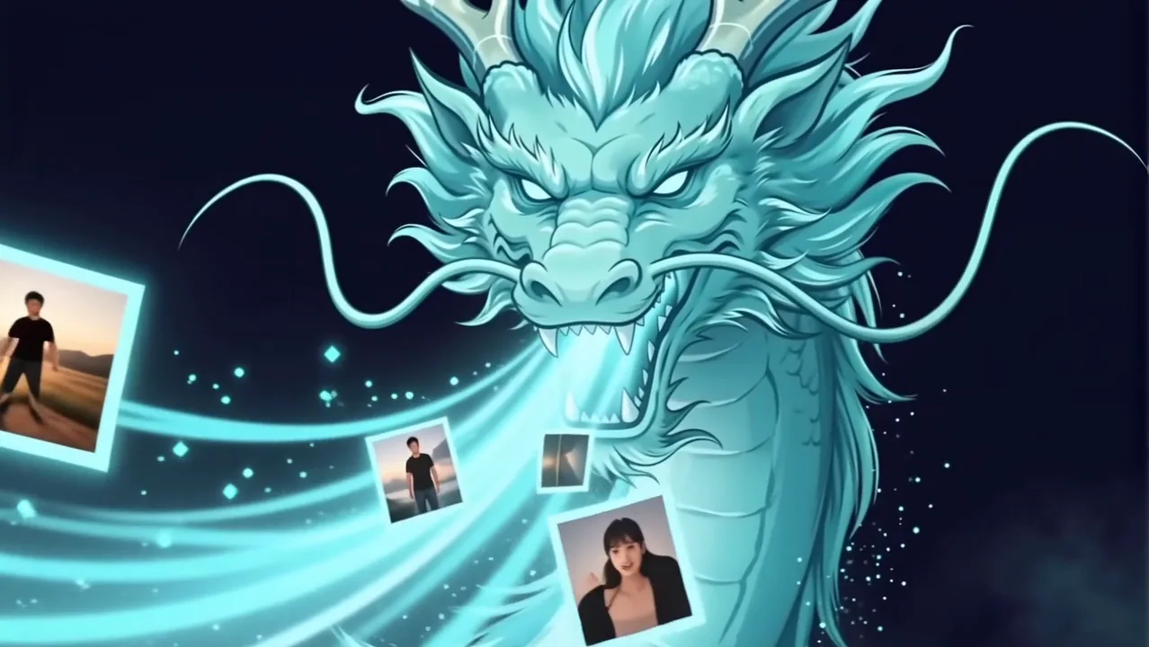 The teal Azurade dragon facing the camera and breathing out a stream of glowing photos, a frame from a Vidu Q4 Preview clip