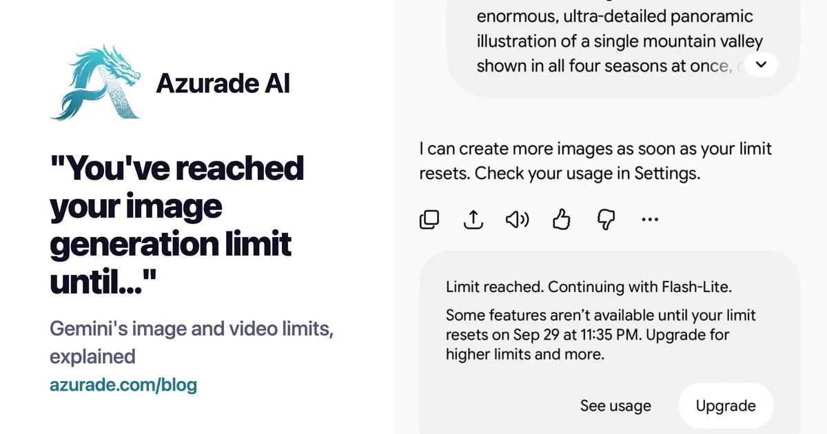 You've reached your image generation limit until... next to Gemini's reply: I can create more images as soon as your limit resets. Check your usage in Settings. Limit reached. Continuing with Flash-Lite.