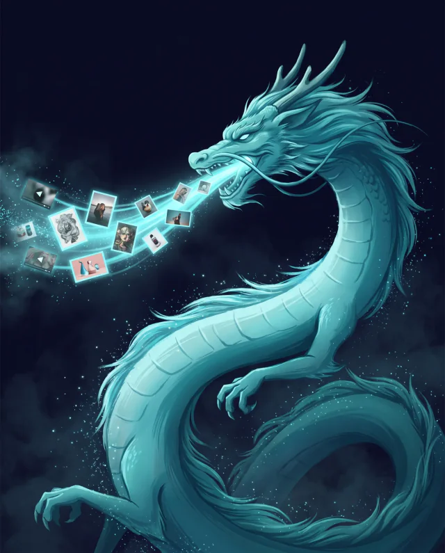 A teal dragon breathing a stream of photos into a dark night sky