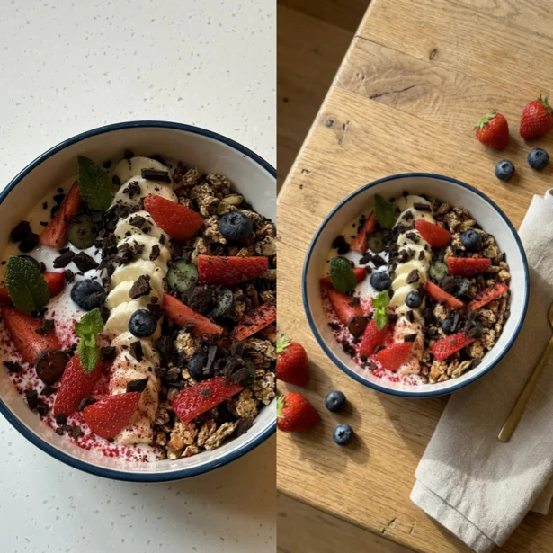 Food photo before and after AI background replacement: granola bowl on a plain table, then on a styled wooden table