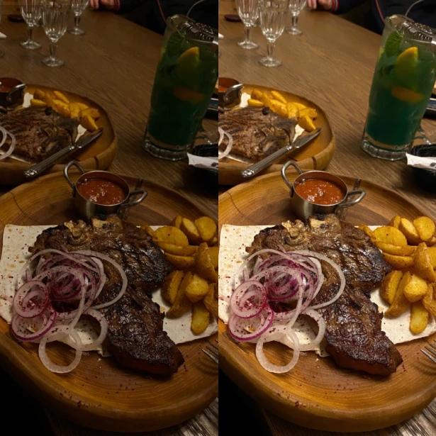 Food photo before and after AI lighting restoration: dish under yellow light, then in natural daylight