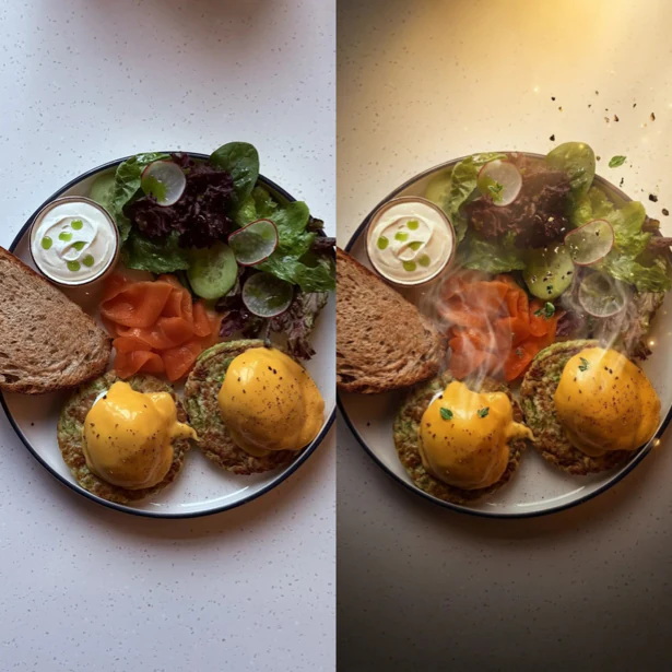 Food photo before and after AI special effects: eggs benedict plain, then with steam and warm light