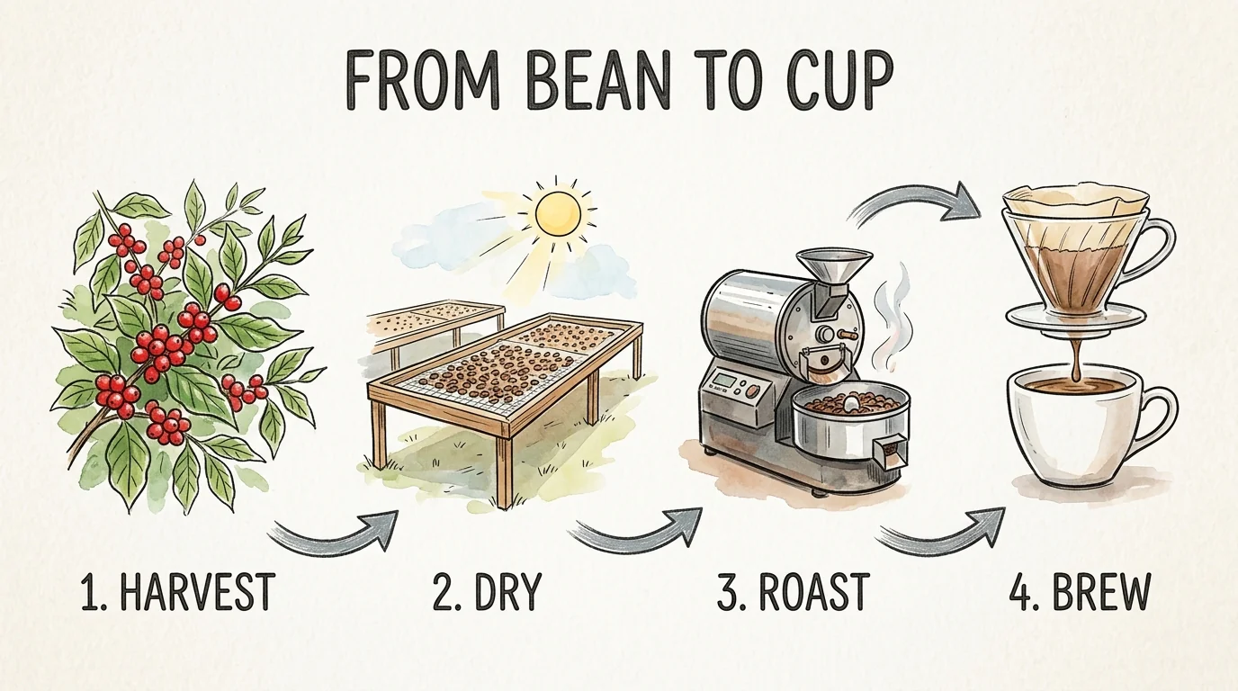 A hand-drawn infographic titled From bean to cup, with the steps harvest, dry, roast and brew