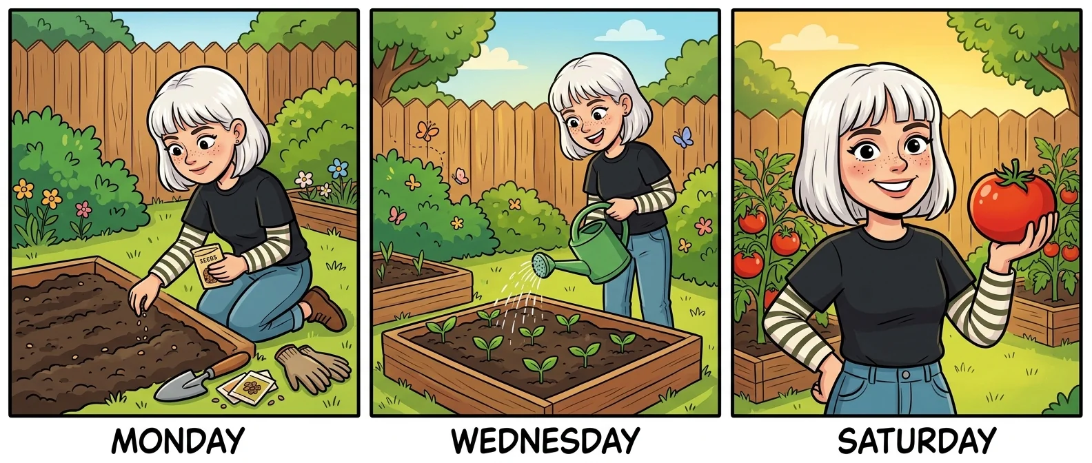 A three-panel cartoon of a white-haired woman gardening, captioned Monday, Wednesday and Saturday