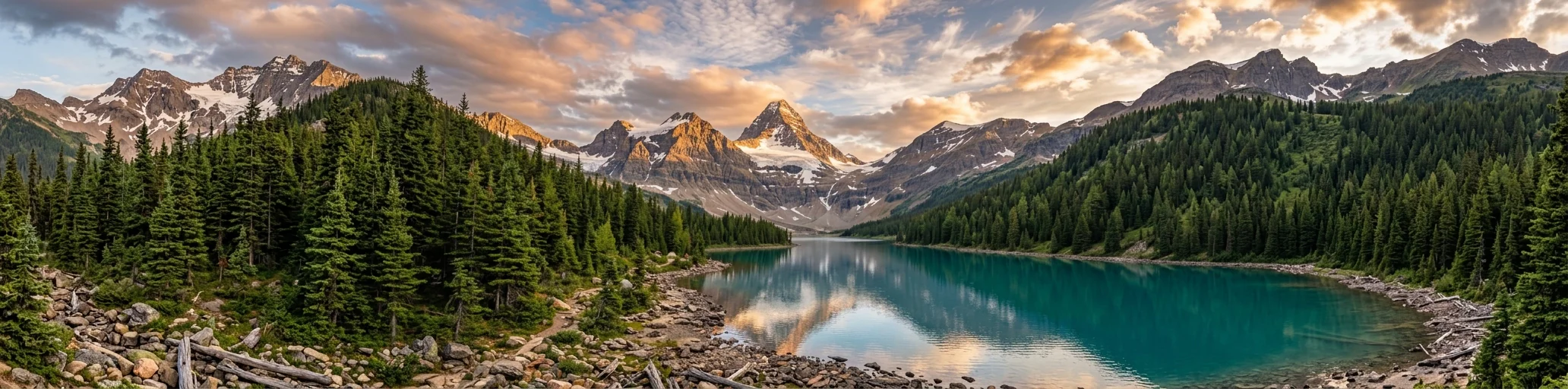 A wide panorama of a turquoise mountain lake between pine forests at sunset