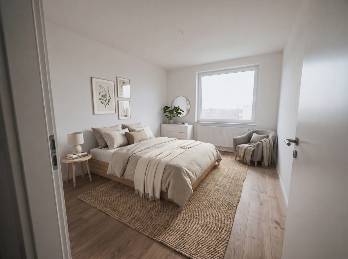After AI virtual staging: the same bedroom with bed, rug, armchair and side table