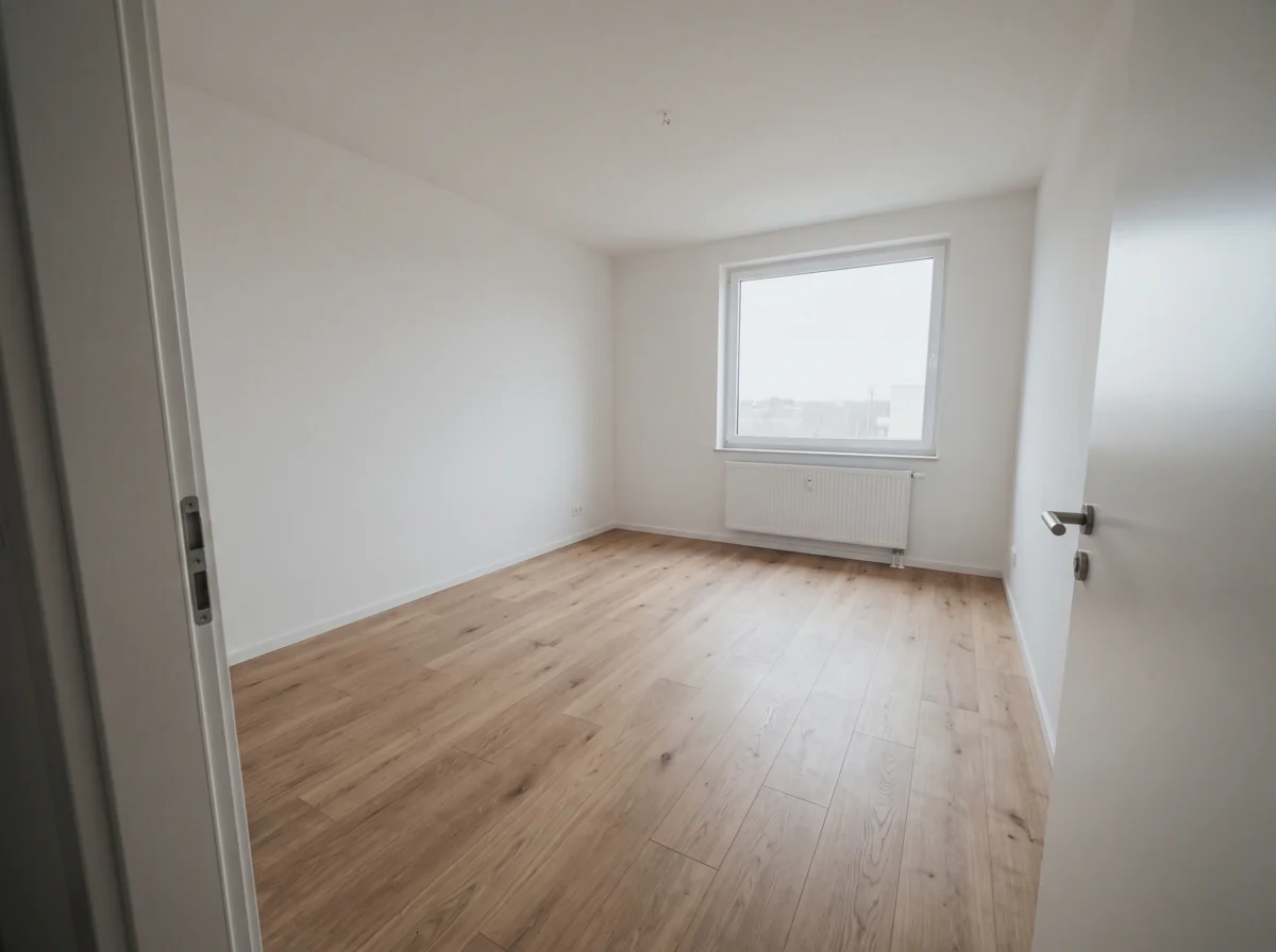 Before virtual staging: empty bedroom with oak floor and one window